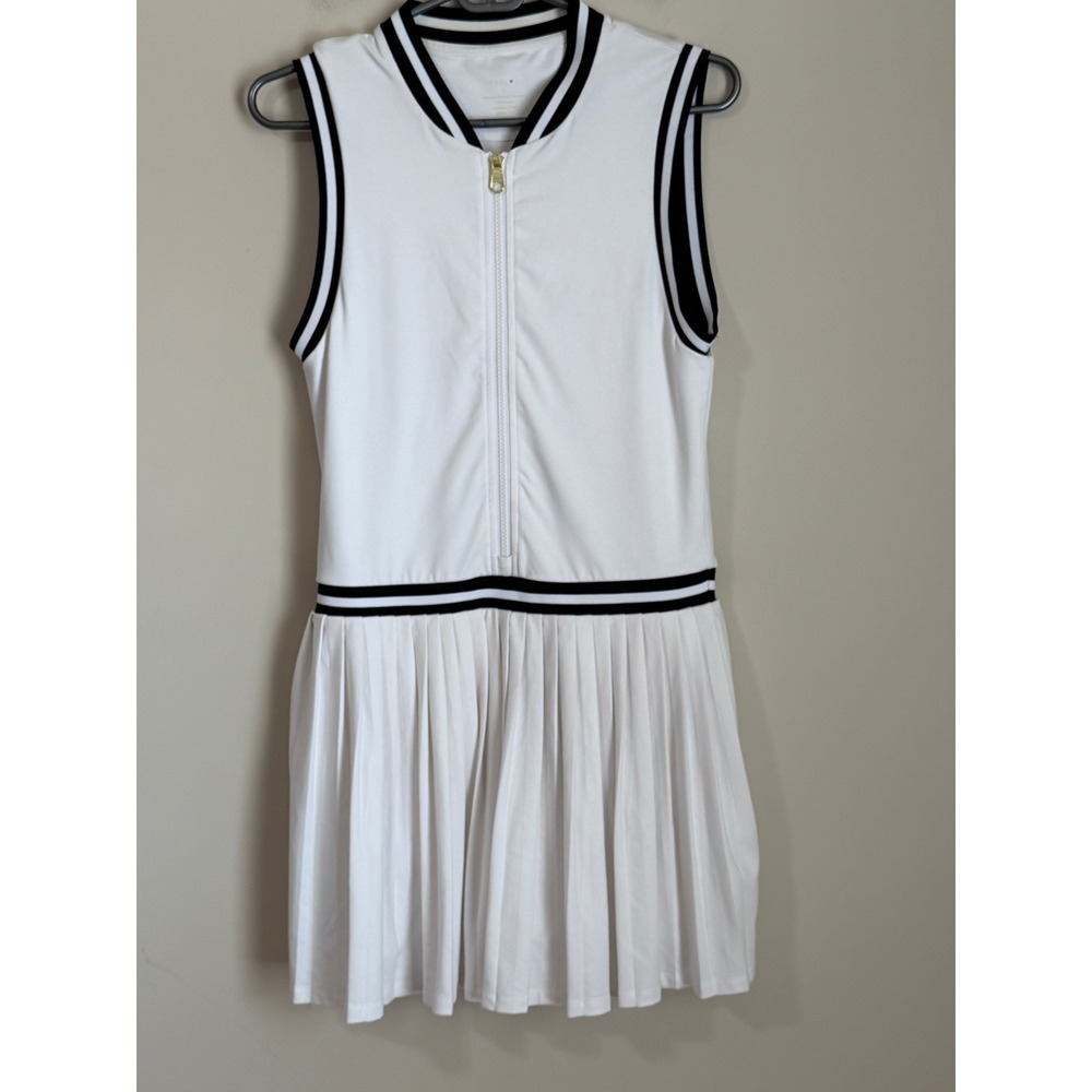 White Sleeveless Pleated Tennis Dress with Black Trim